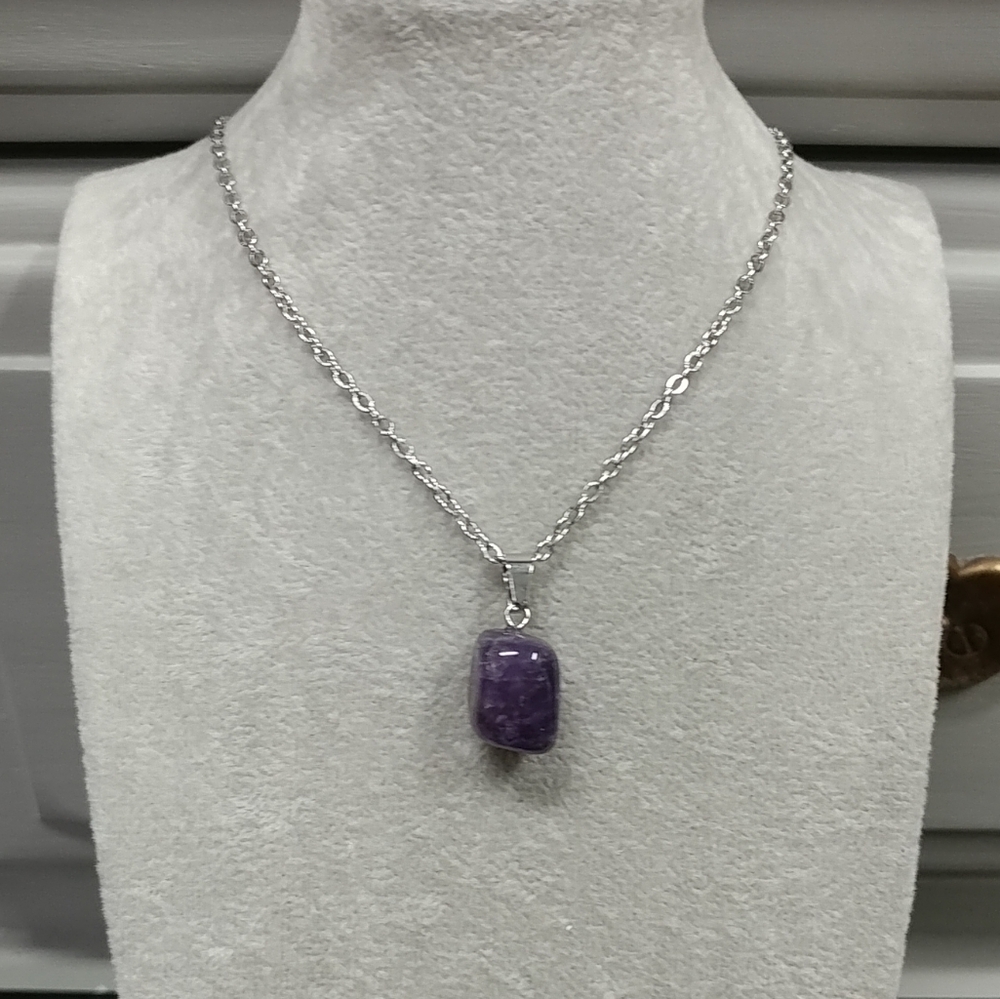 Amethyst Necklace Natural Gemstone Crystal Pendant Stainless-Steel Chain Purple